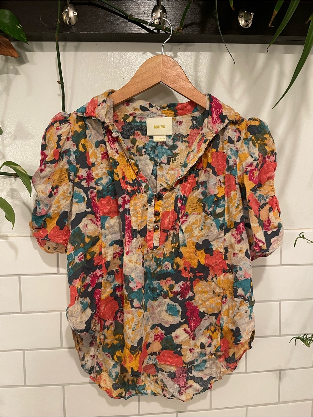 Maeve Multicolor Floral Puff Sleeve Blouse — Red, Teal, Mustard, Cream